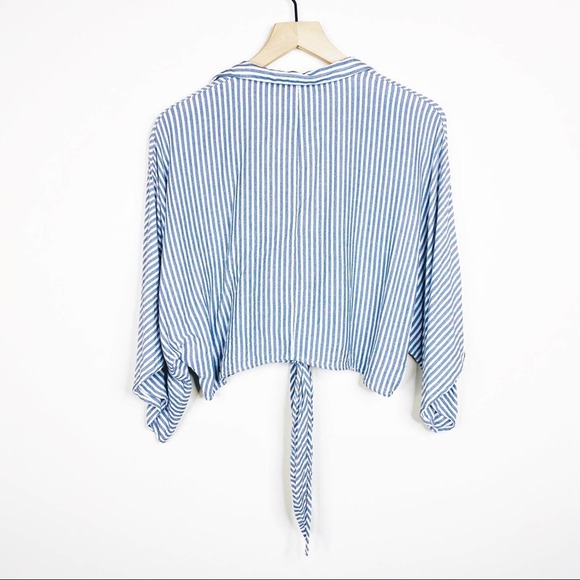 Olivaceous Lulus Blue White Striped Tie Front Plunging Neck Blouse Cover Up - Picture 3 of 7